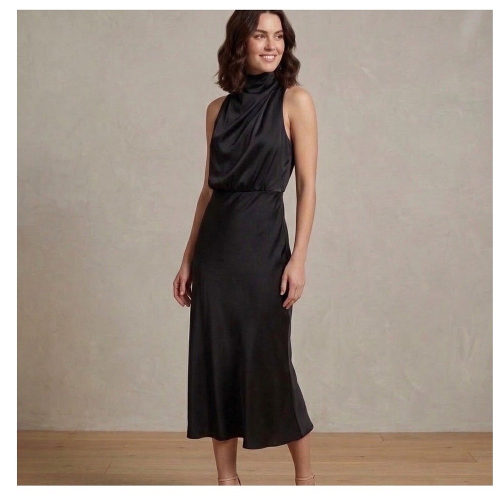 Petal & Pup Minimalist Black Annabelle Satin Mock Neck Sleeveless Midi Dress S